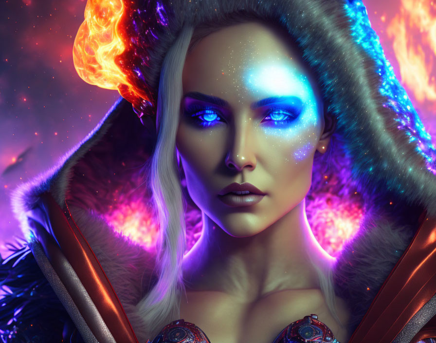 Fantastical Female Character with Glowing Blue Skin and Starry Face