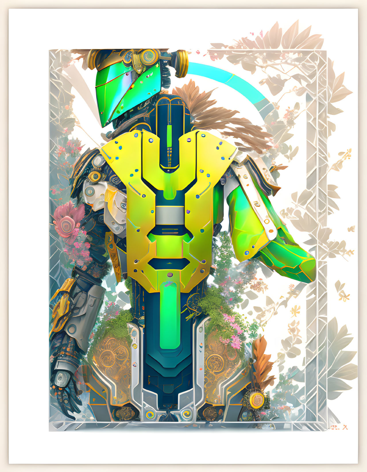 Colorful stylized robot with green and yellow armor and ornate floral motifs