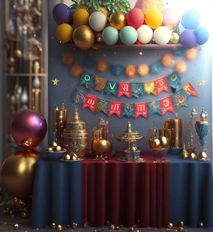 Colorful Balloons and Golden Ornaments in Festive Table Display