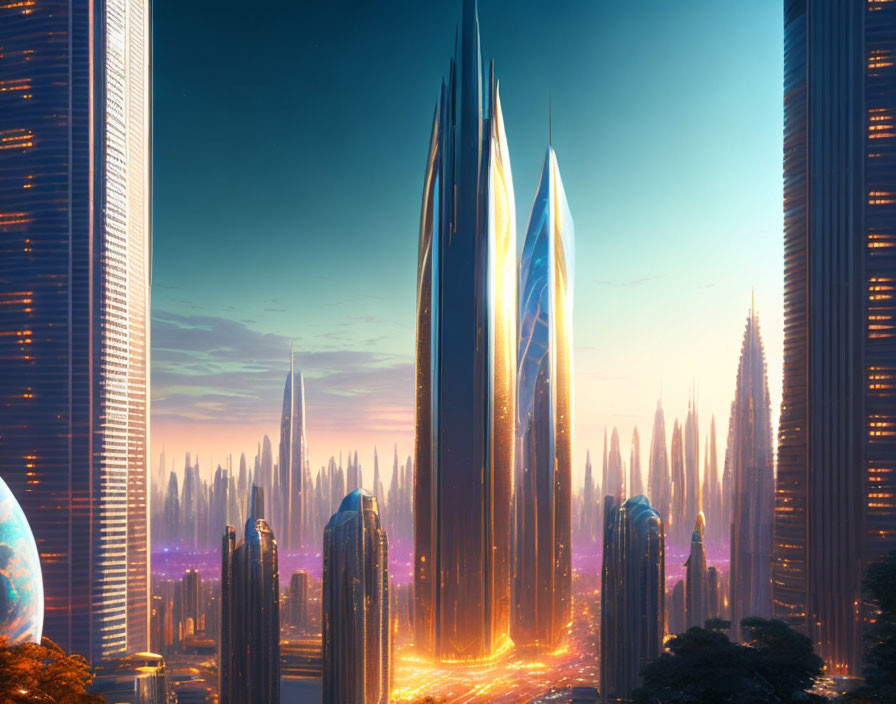 Futuristic cityscape with sleek skyscrapers at dusk