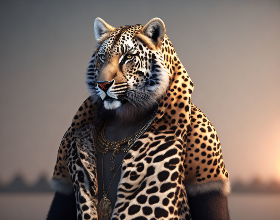 Stylish anthropomorphic jaguar in gold jewelry and outfit.