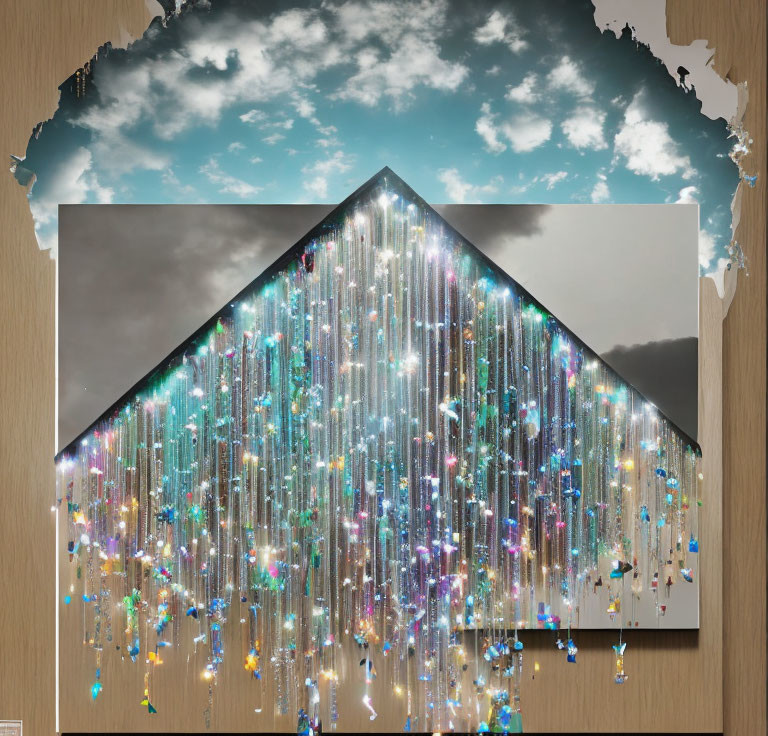 House-shaped installation with sparkling lights on torn paper backdrop showing cloudy sky