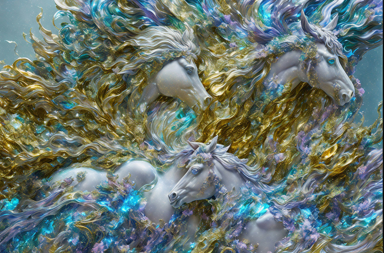 Majestic horses with golden and aquamarine manes in cosmic setting