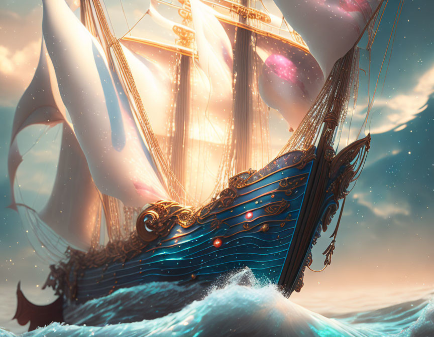 Blue ornate ship sailing turbulent seas under pink sky.