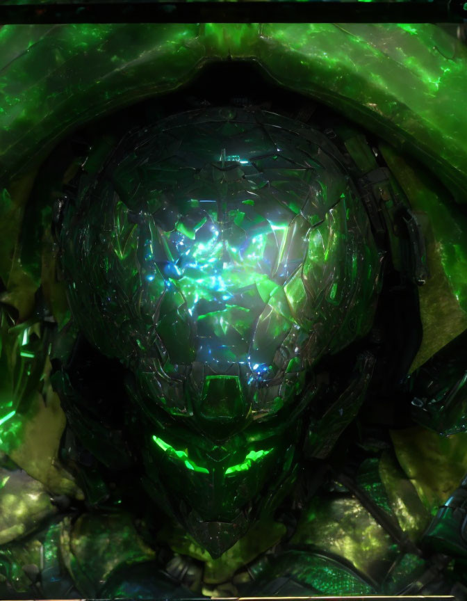 Futuristic helmet with glowing green lights and intricate patterns