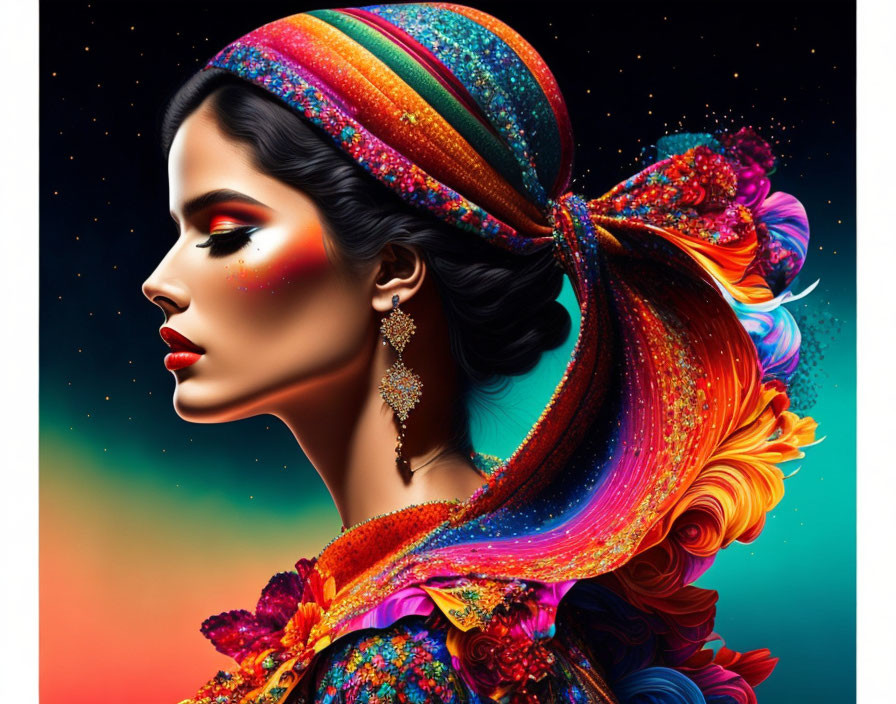 Colorful Makeup and Headscarf Portrait Against Starry Backdrop