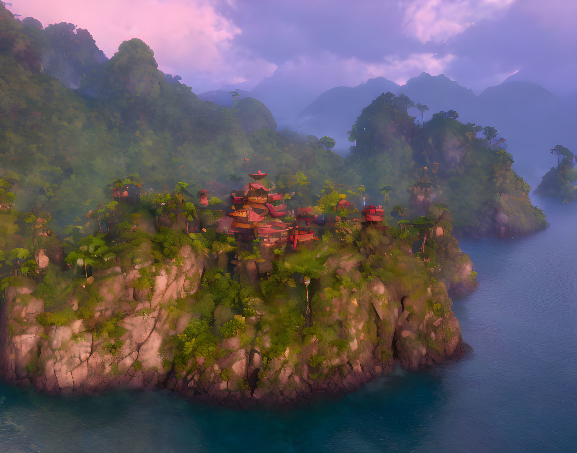 Misty coastal village with red-roofed structures and lush mountains