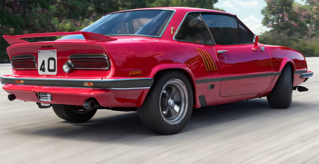 Classic Red Muscle Car with Racing Number 40 and Rear Spoiler