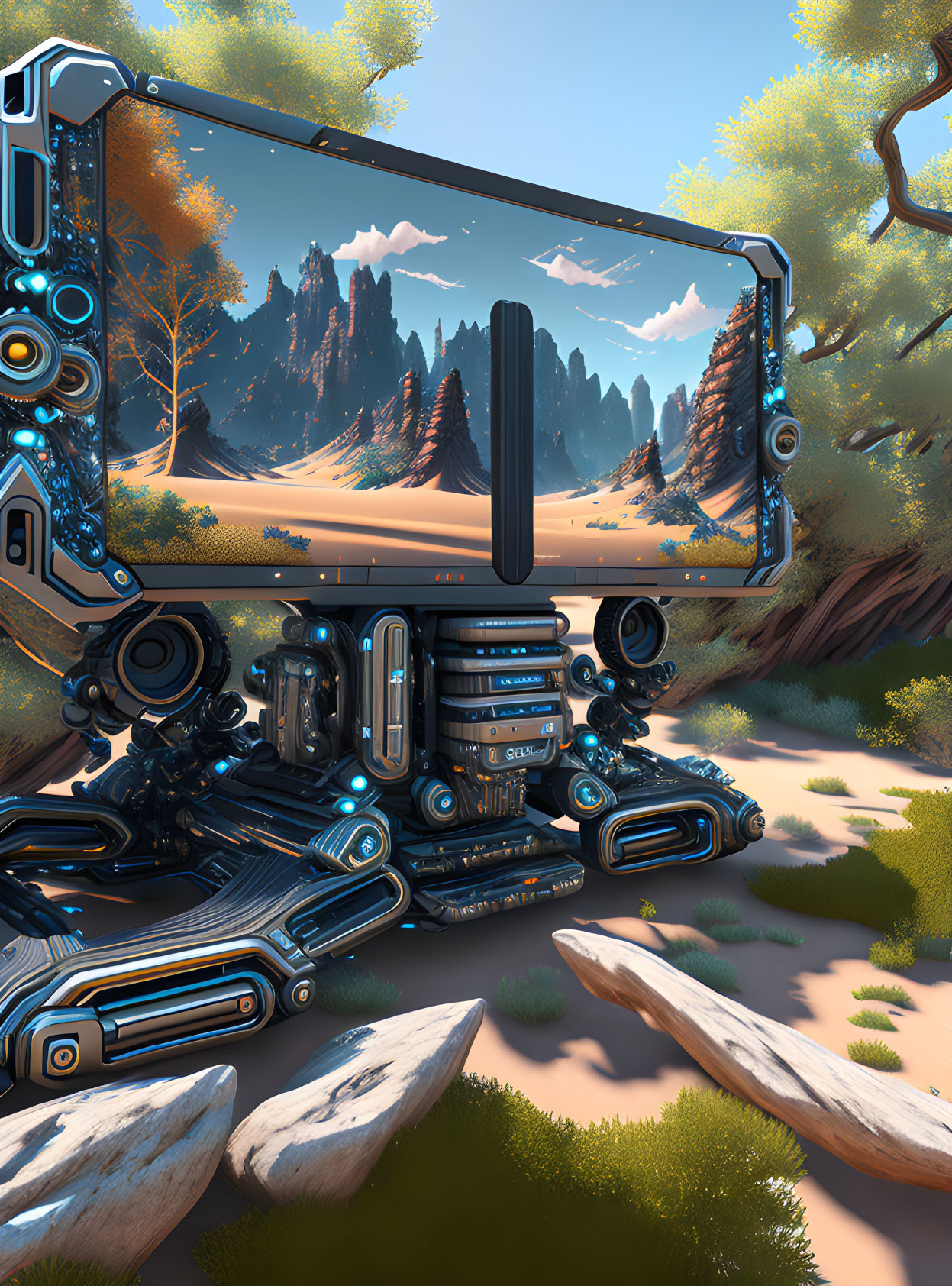 Futuristic robotic device with expansive screen showcasing mountainous forest landscape