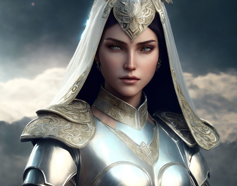 Female warrior in ornate armor with white and gold headdress under dramatic sky