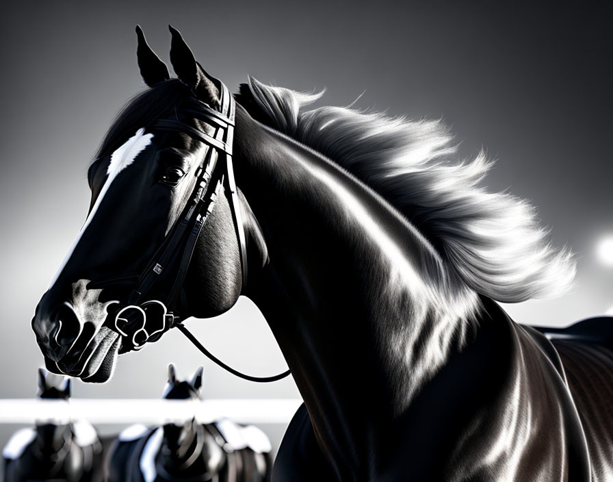 Digital artwork of majestic black horse with flowing mane and bridle, with background horses.