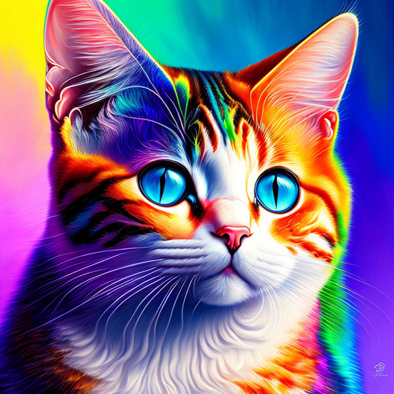 Colorful Digital Artwork: Multicolored Cat with Blue Eyes on Rainbow Background