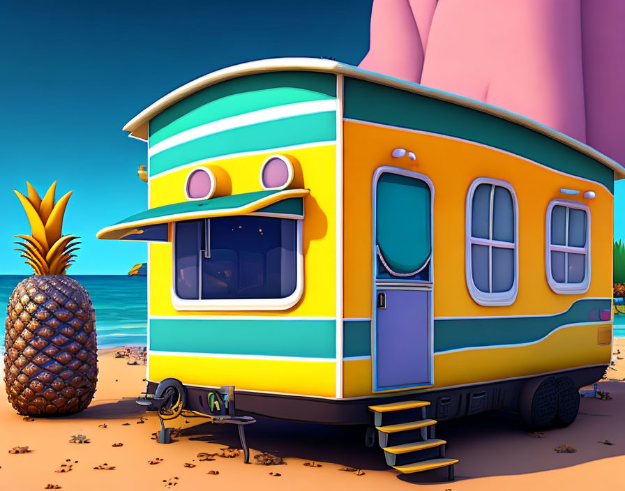 Colorful Cartoon Camper Van and Pineapple on Beach