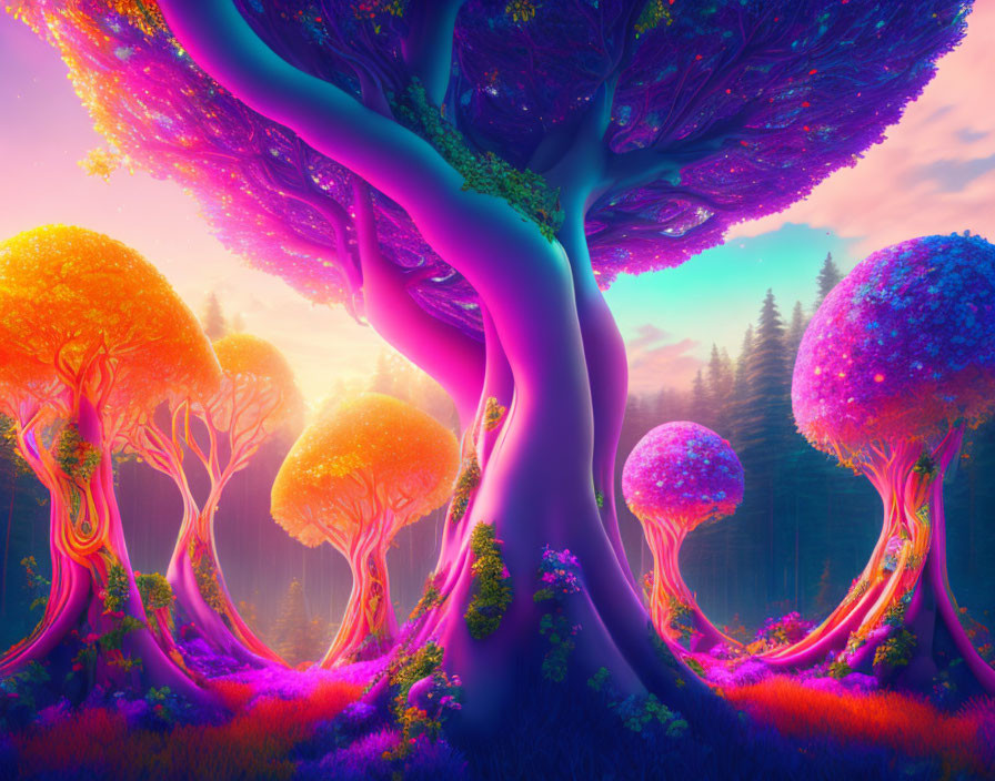 Colorful oversized trees in a radiant fantasy forest landscape