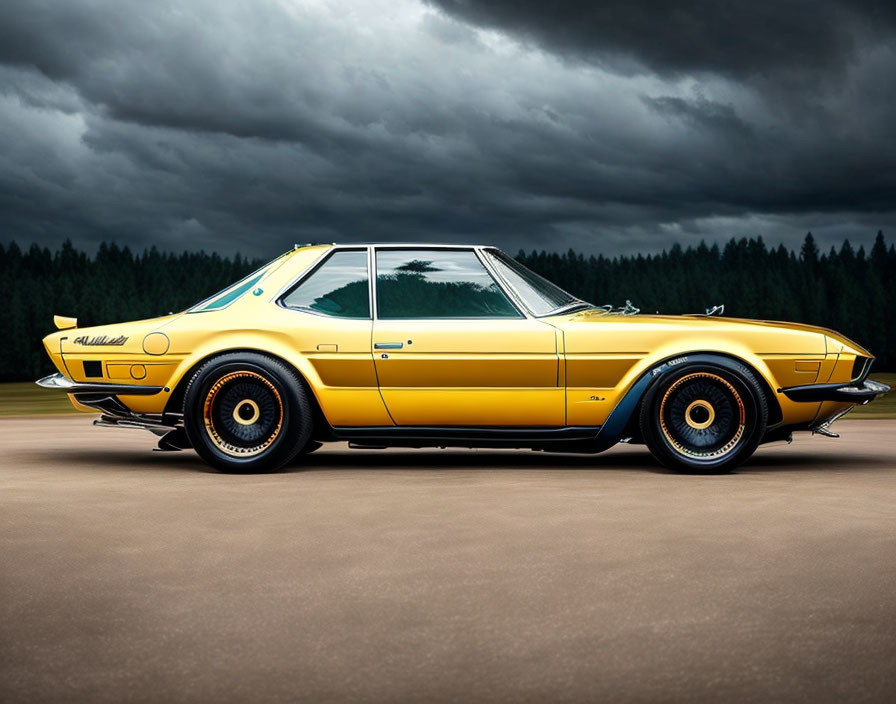 Gold Sports Car Parked on Asphalt with Stormy Sky