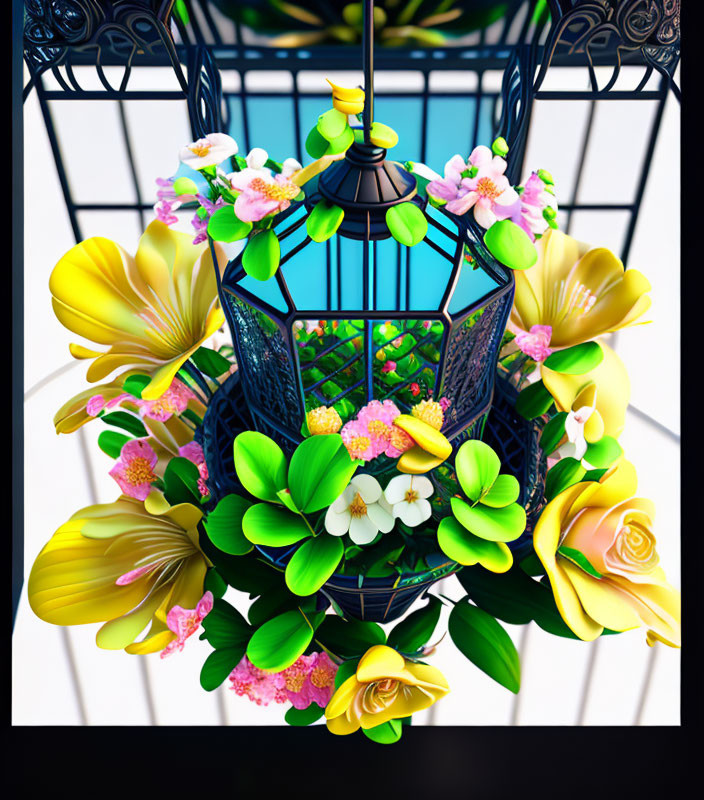 Vibrant floral arrangement with roses and lilies around birdcage