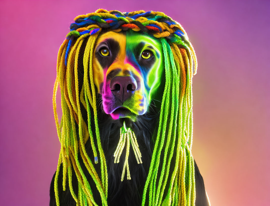 Colorful Rasta Wig Dog Under Neon Lights on Gradient Background