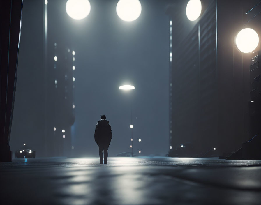 Solitary figure walking on misty urban street at night