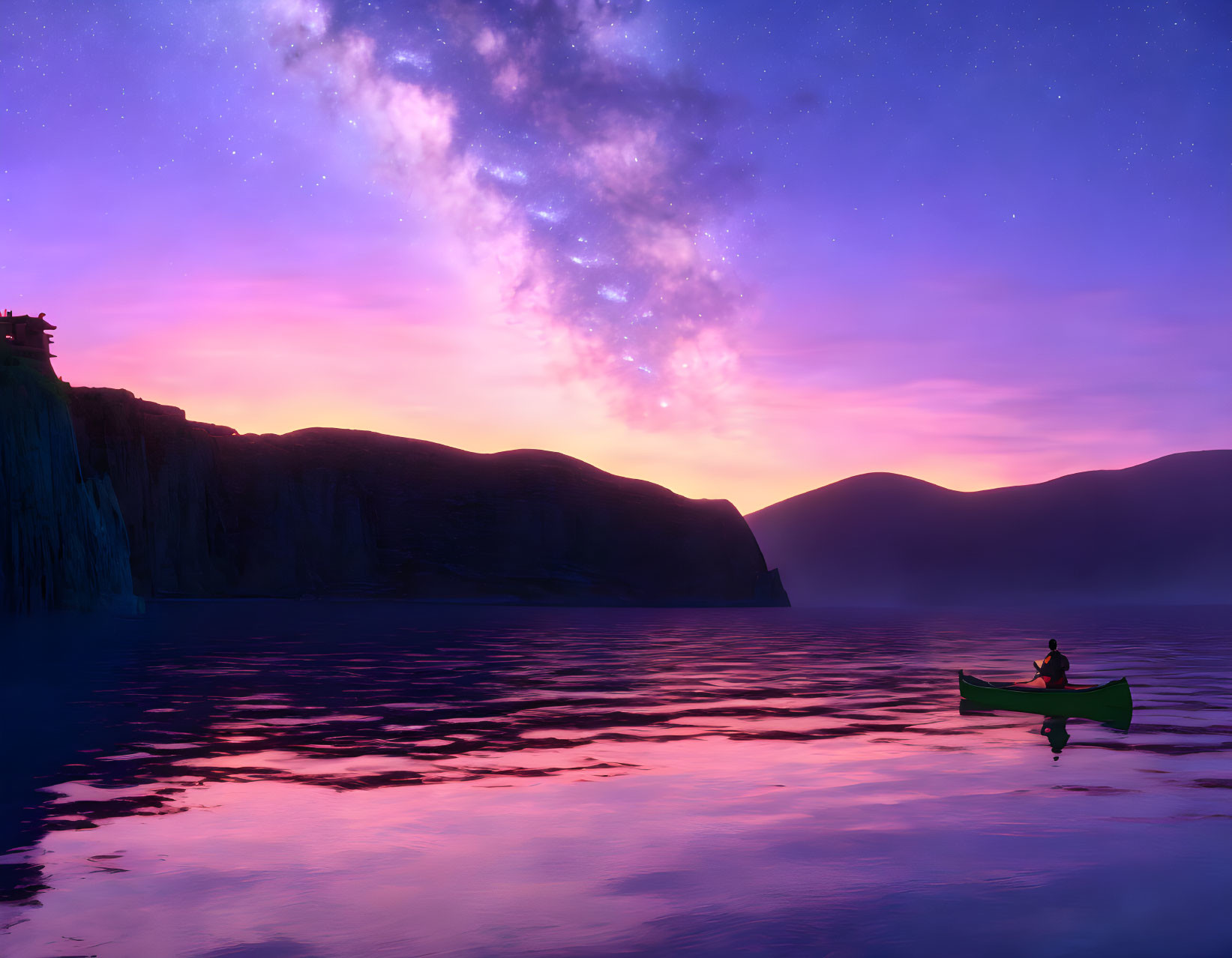 Twilight kayaking on serene water with starry skies and silhouetted cliffs