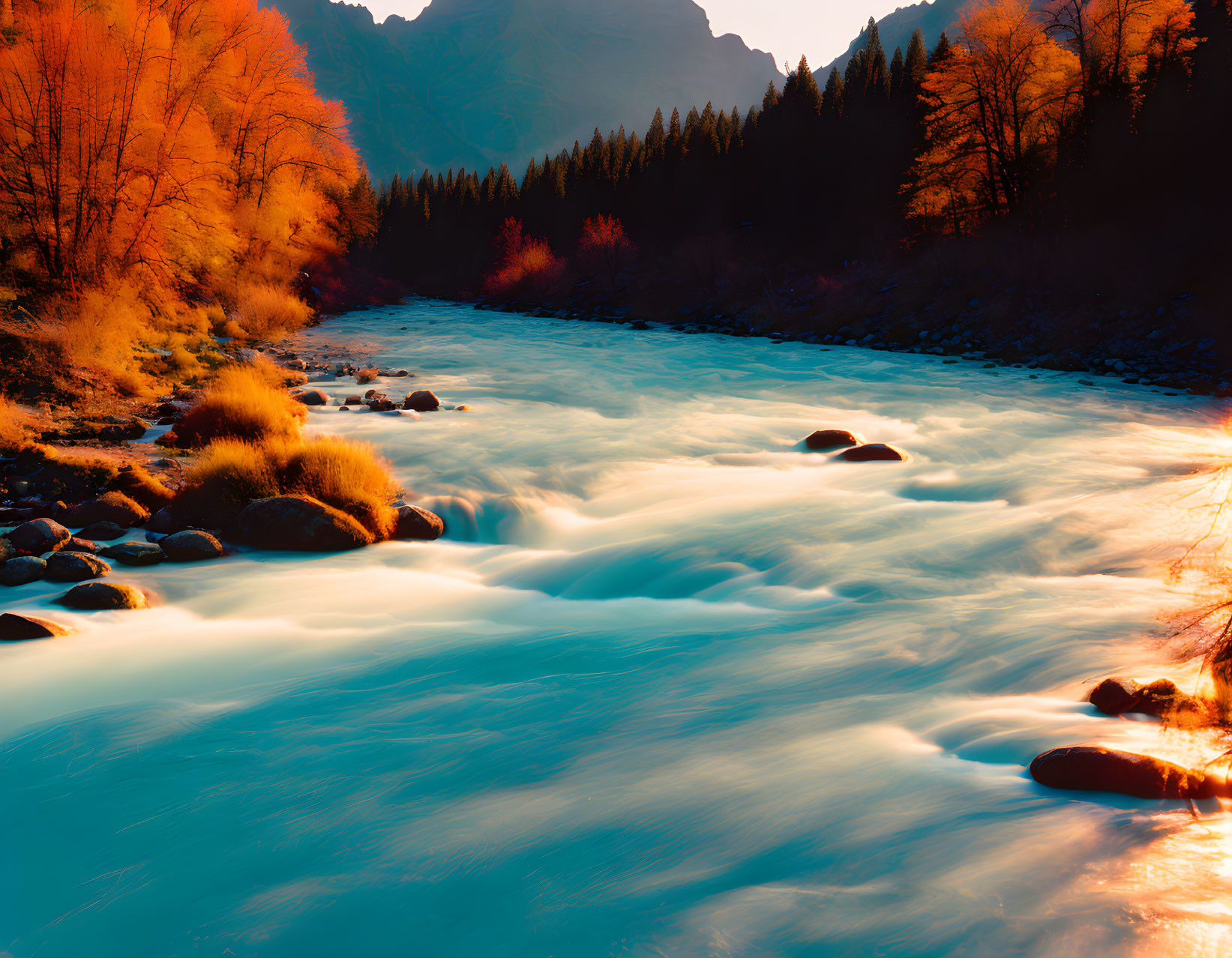 Scenic Autumn River Landscape with Fiery Trees and Blue Sky