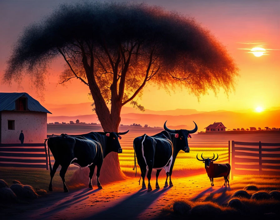 Silhouette of cows under tree at sunset on quaint farm