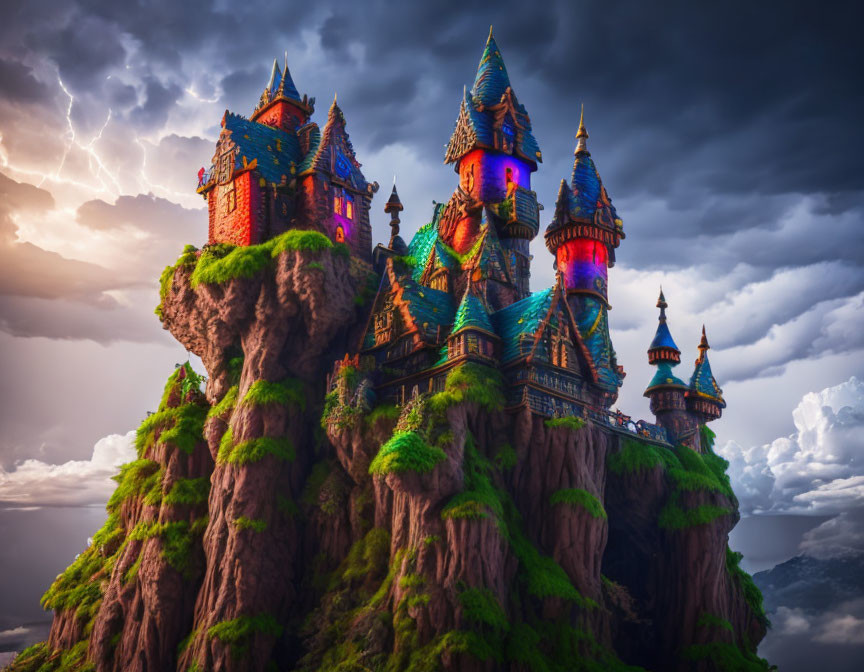 Vibrant roofed castle on steep rock under stormy skies