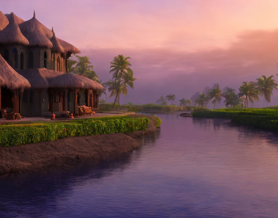 Tropical Sunset Scene with Thatched-Roof Huts by Serene River