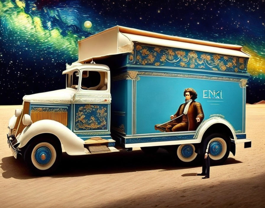 Person sitting in vintage delivery truck against cosmic backdrop