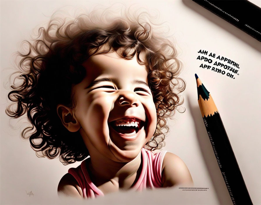 Curly-haired child and oversized pencil on brown background