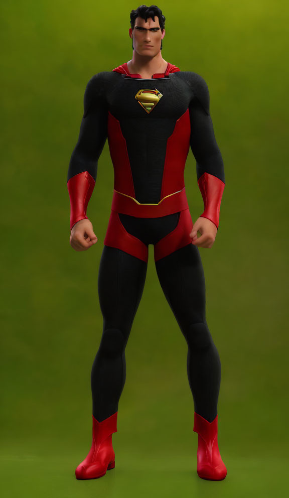 Superman in red and black suit with S-shield on chest