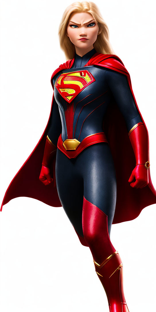 Female superhero in blue and red costume with Superman emblem.