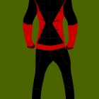 Superman in red and black suit with S-shield on chest