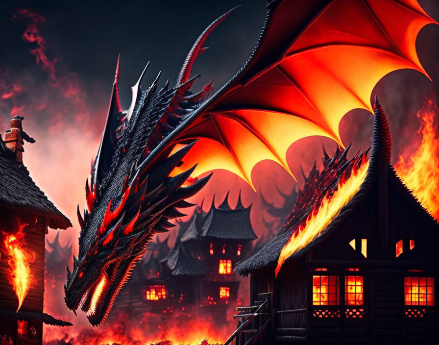 Glowing-eyed dragon breathing fire near thatched-roof houses under red sky