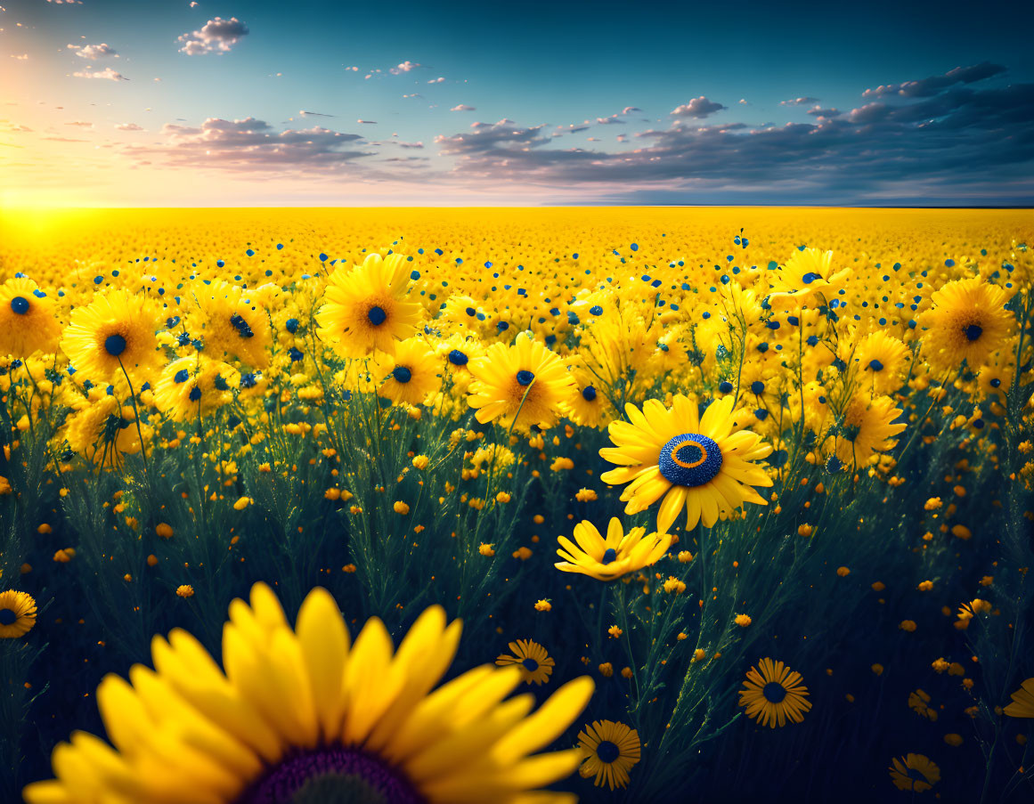 Yellow sunflowers in sunset-lit field under picturesque sky