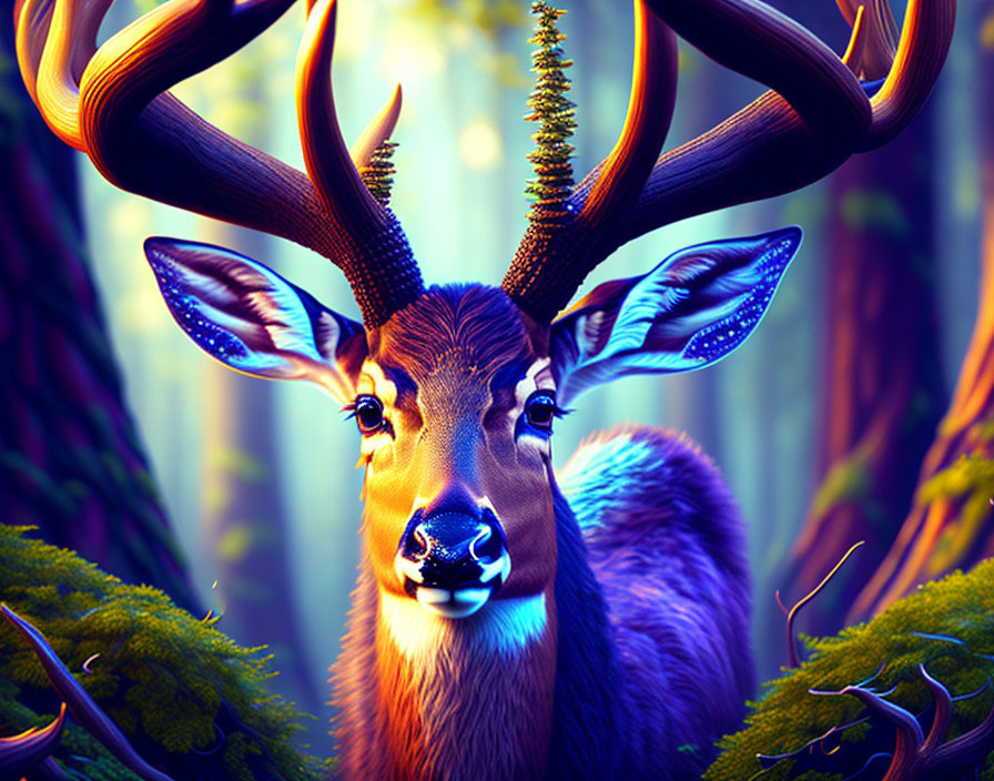 Colorful Deer with Large Antlers in Mystical Forest