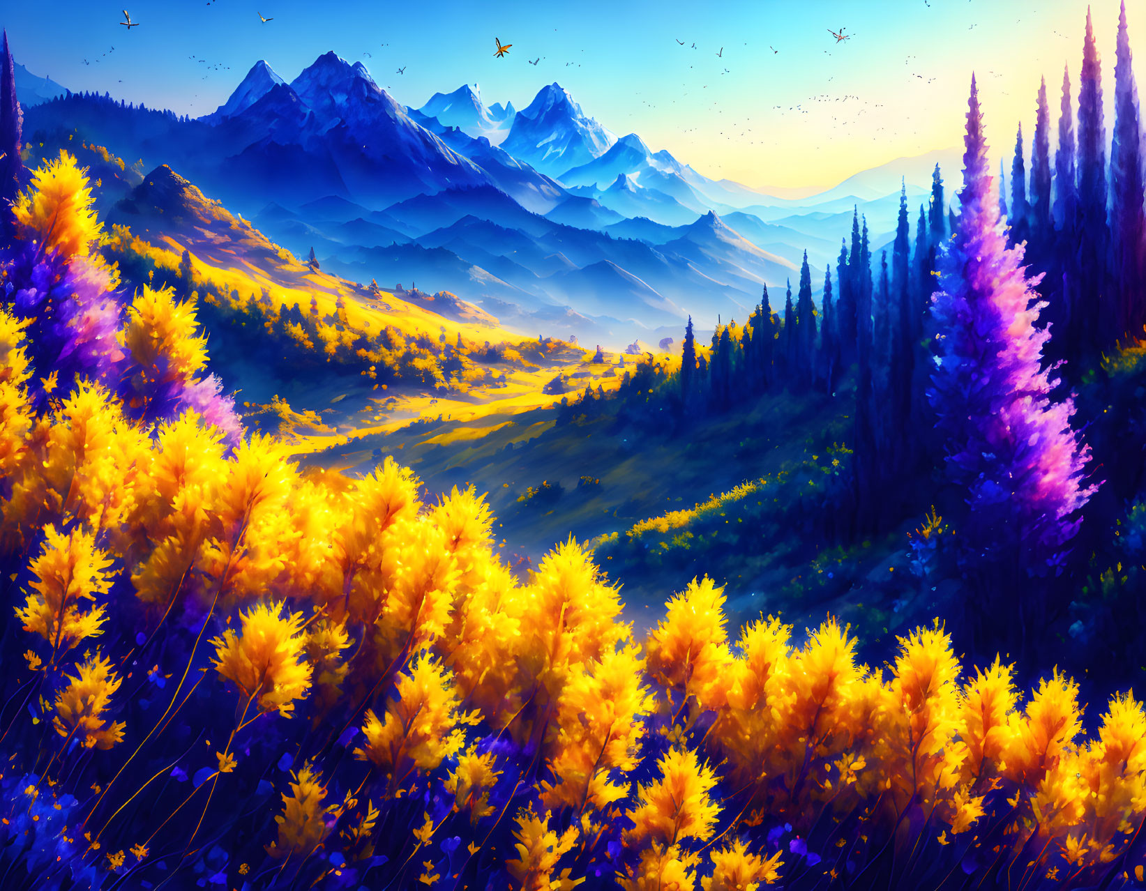 Colorful landscape with yellow wildflowers, purple trees, and misty blue mountains under a sunset sky