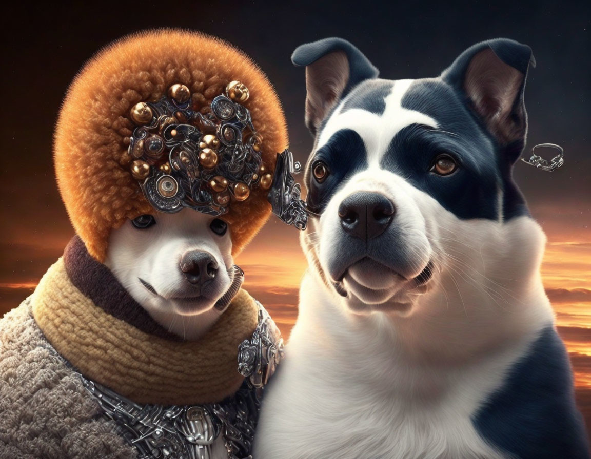 Highly detailed, stylized dogs with unique accessories and markings