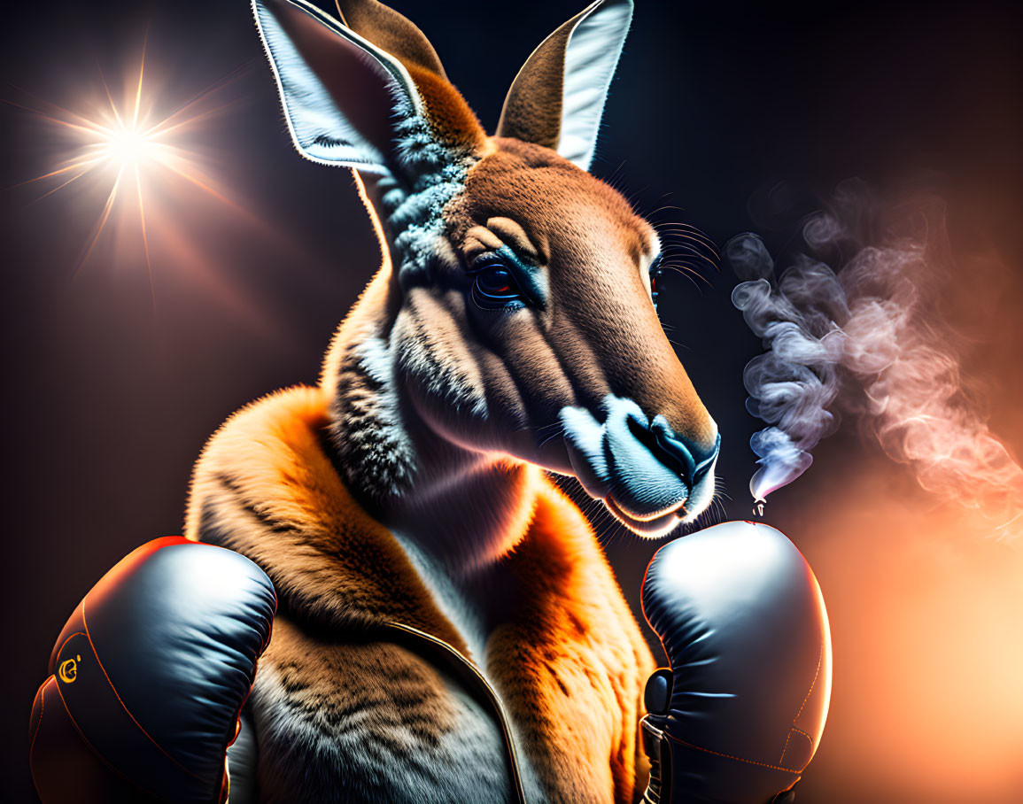 Digital artwork: Kangaroo with boxing gloves, determined expression, dark background.