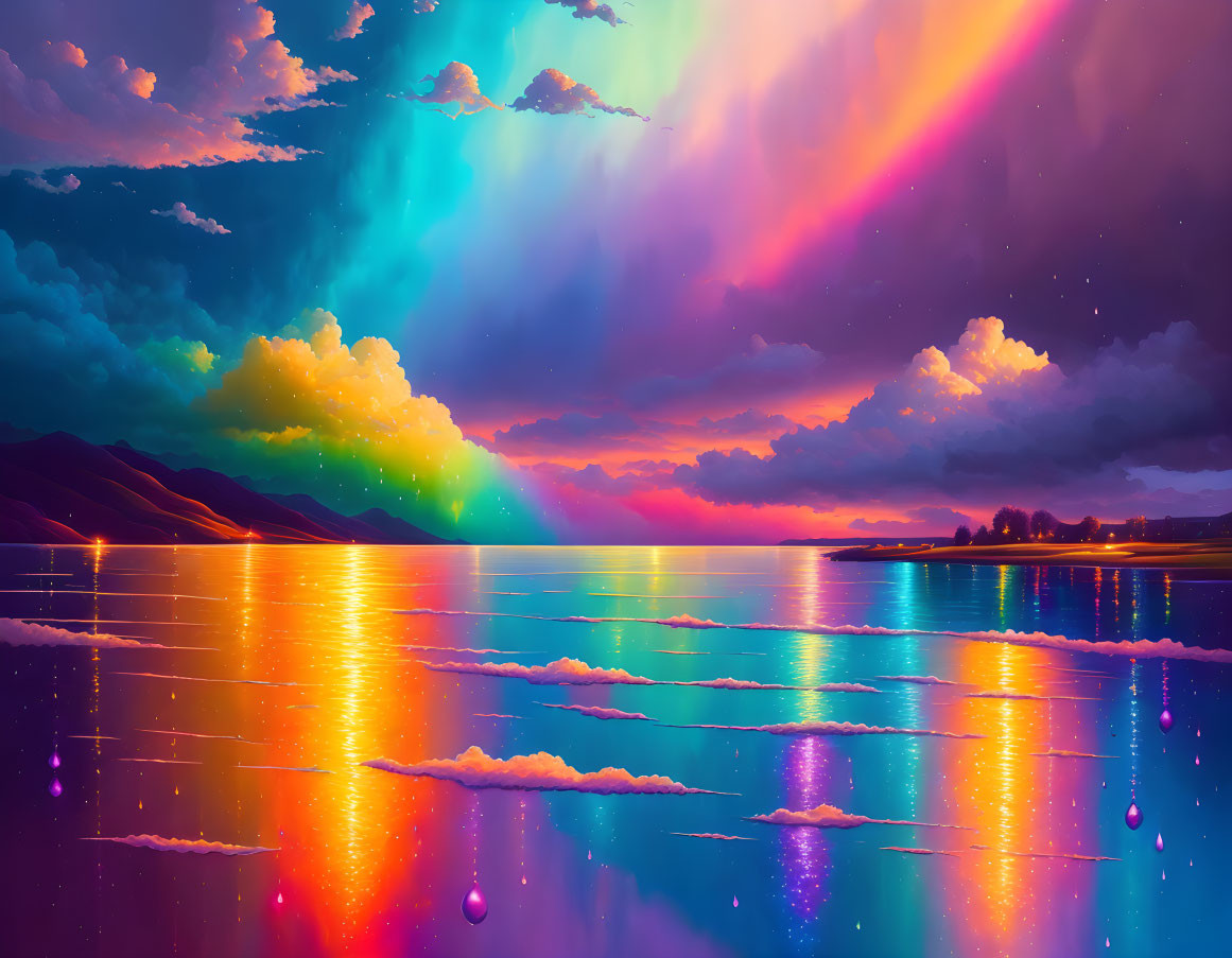 Colorful Rainbow Sky Artwork with Reflective Water at Dusk