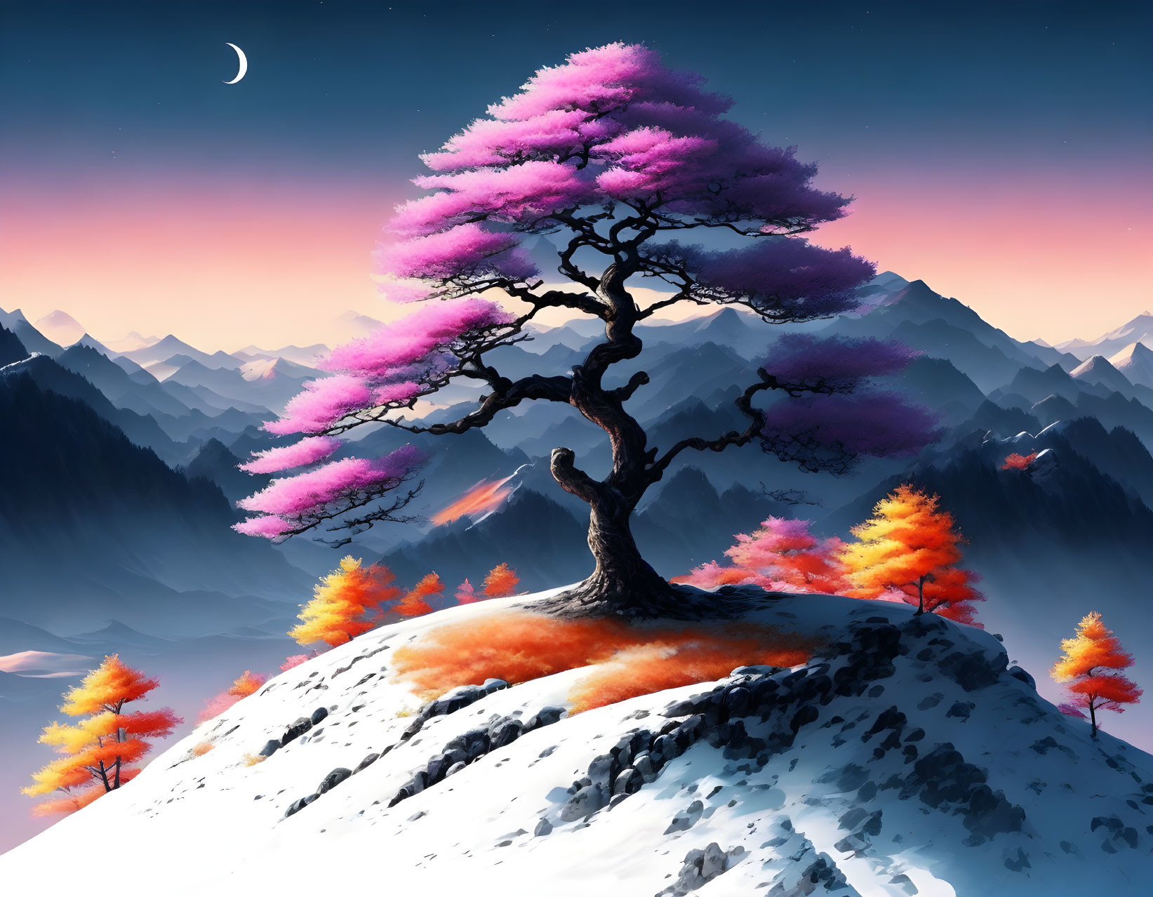 Colorful illustration: solitary pink tree on snowy mountain with autumnal trees under twilight sky