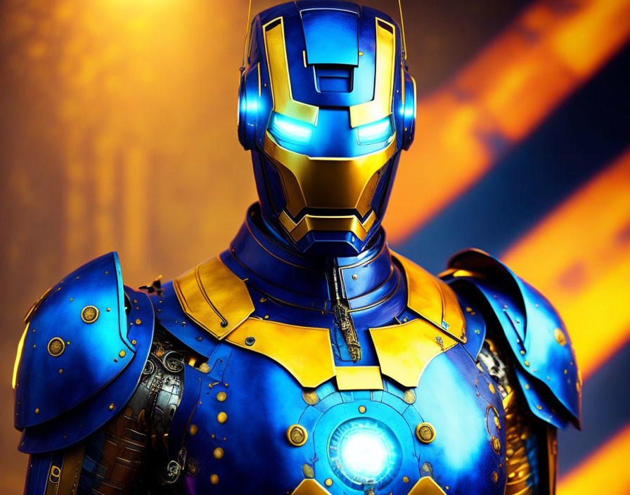 Medieval armor-styled Iron Man suit in blue and gold on fiery orange background