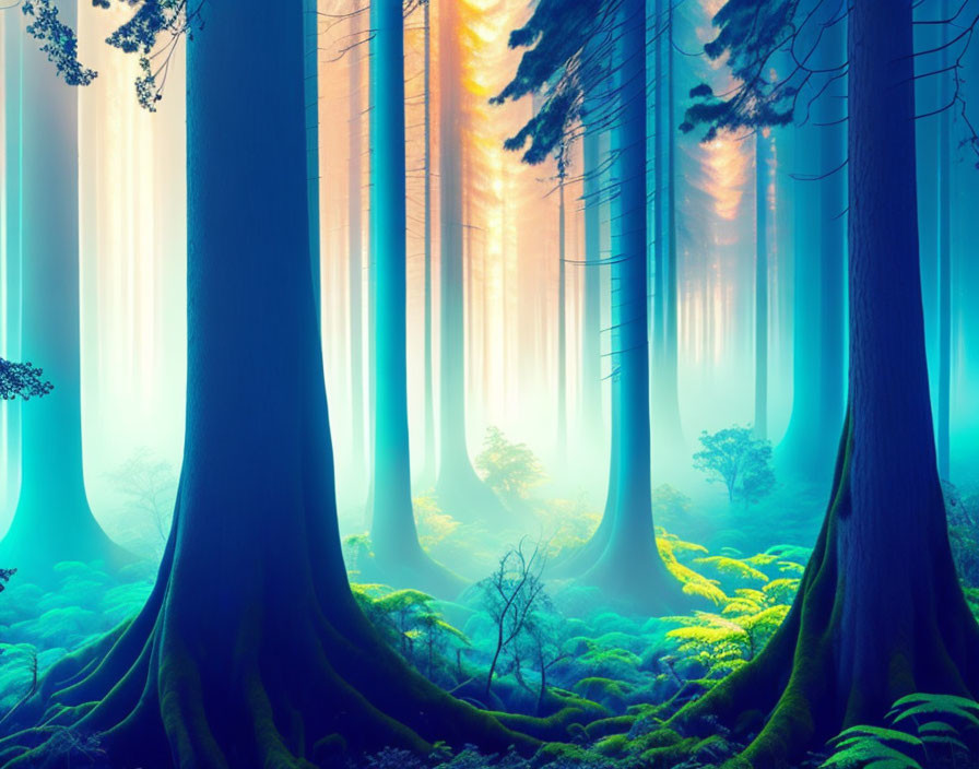 Majestic forest scene with towering trees and vibrant undergrowth