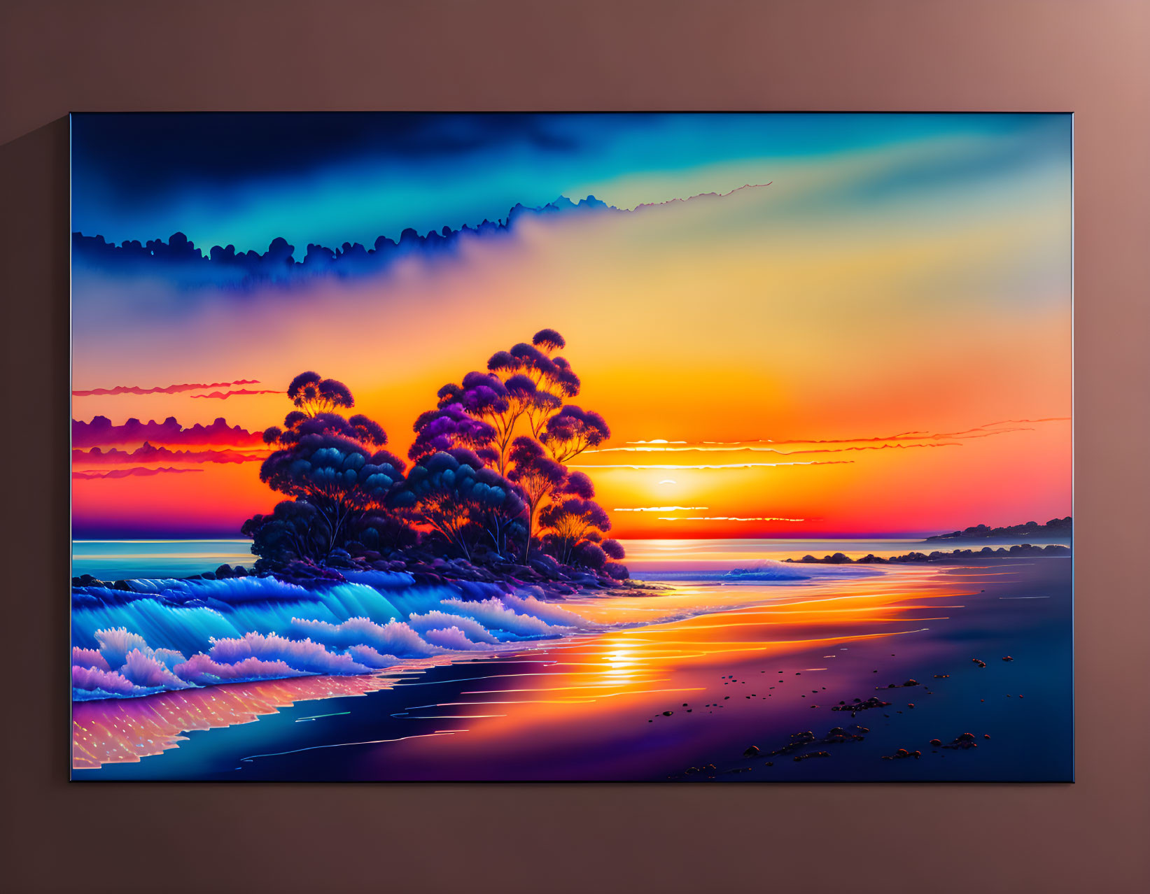 Colorful sunset seascape wall art with orange and purple hues over calm sea.