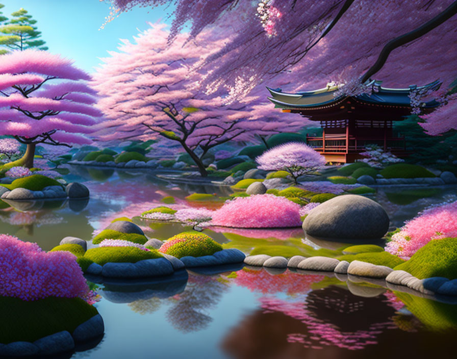 Japanese garden with pink cherry blossoms, pagoda, pond, rocks & greenery