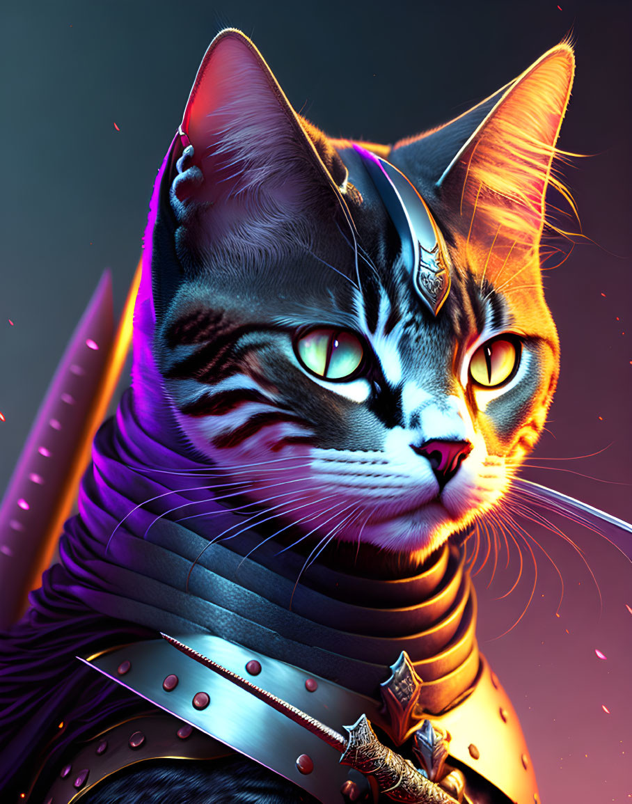 Armored cat digital artwork with glowing eyes against neon background