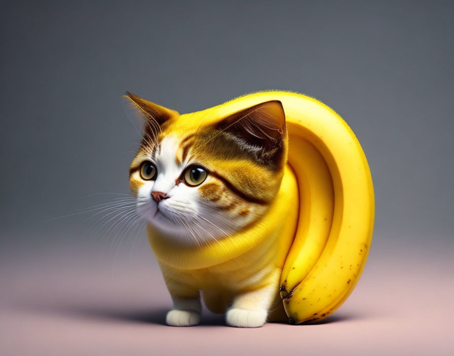 Whimsical digital artwork: cat with banana peel body on gray backdrop