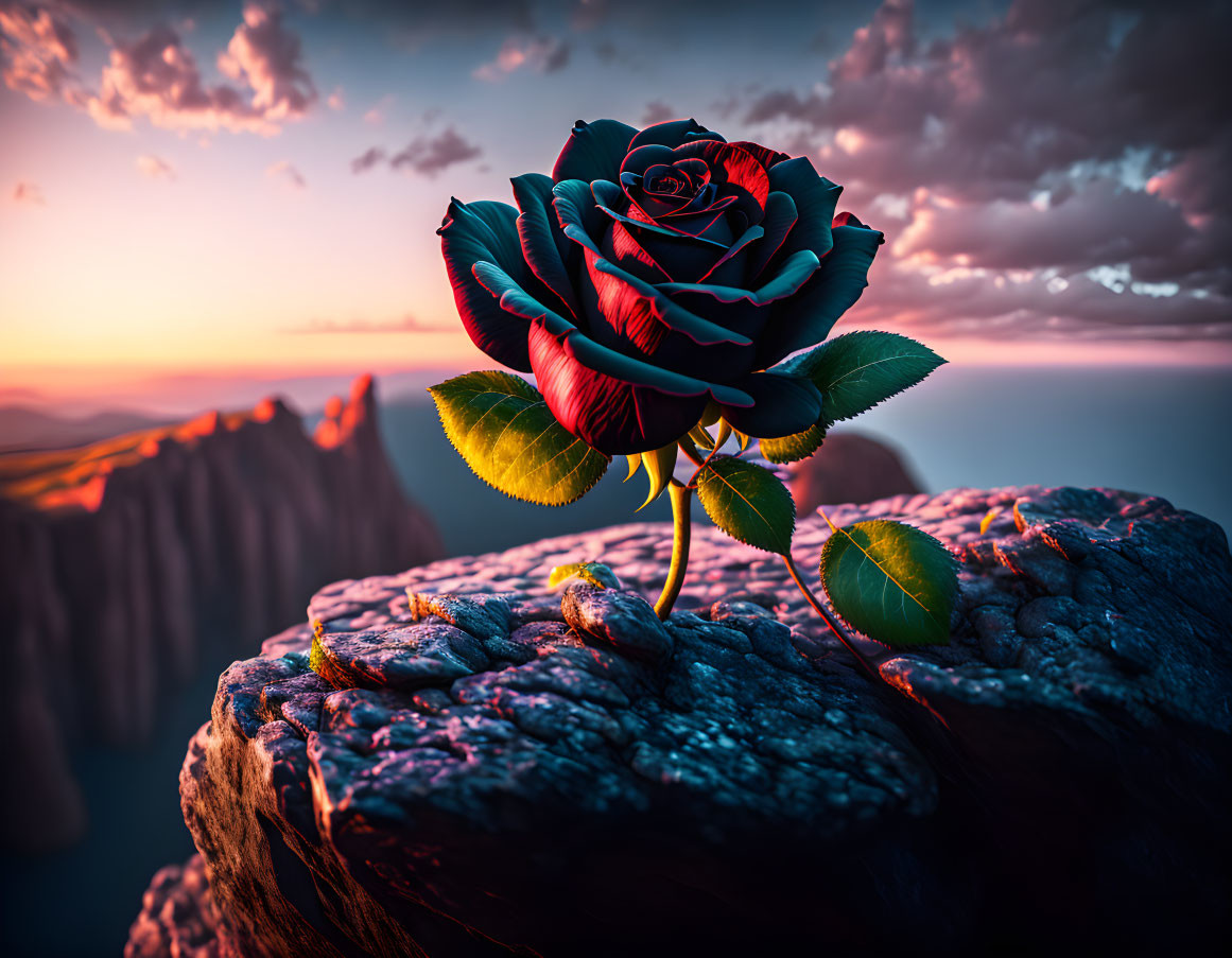 Colorful rose blooms on cliff edge at sunrise with mountains in background