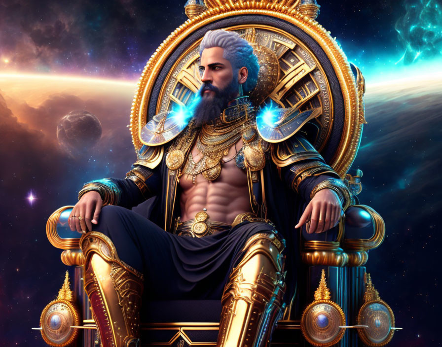 Bearded figure on golden throne with cosmic backdrop and glowing energy