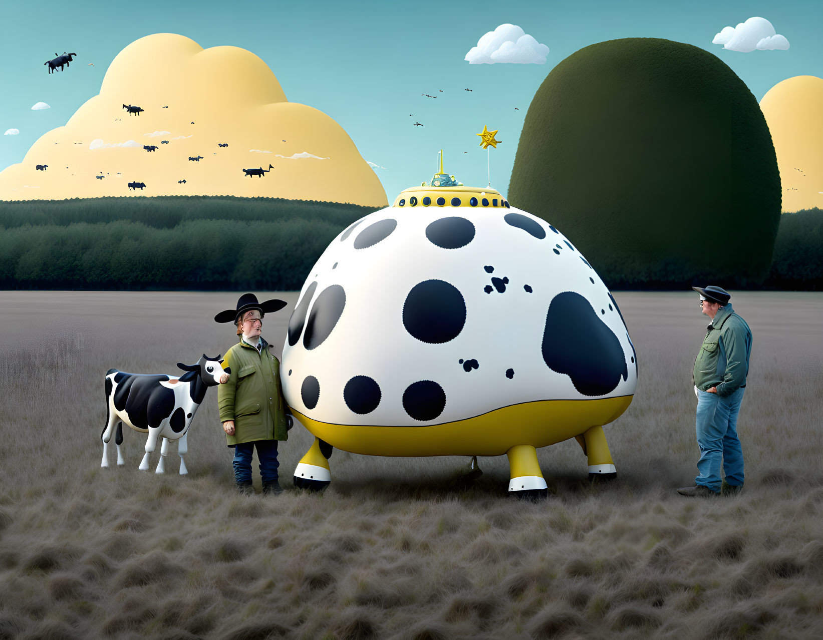 Whimsical cow-patterned UFO with flying cows and hills