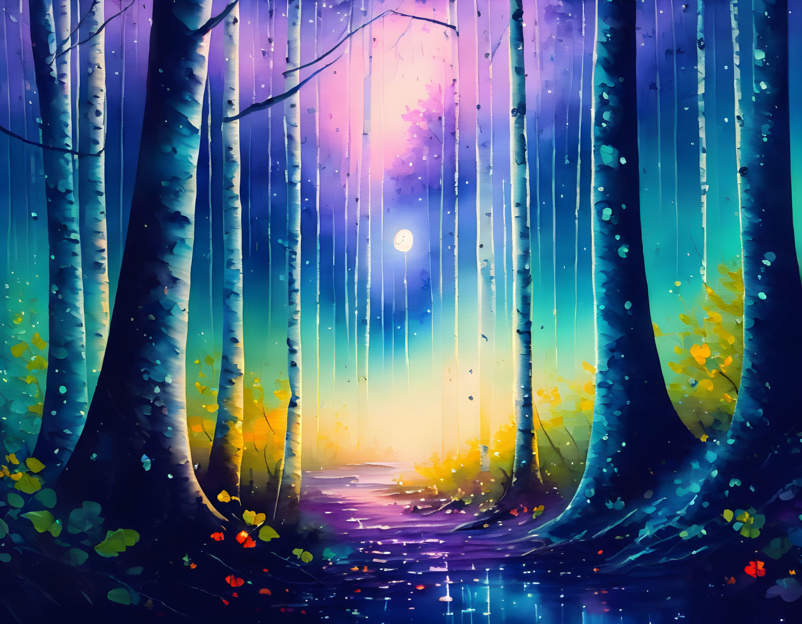 Vibrant Moonlit Forest with Starry Sky and Luminescent Trees